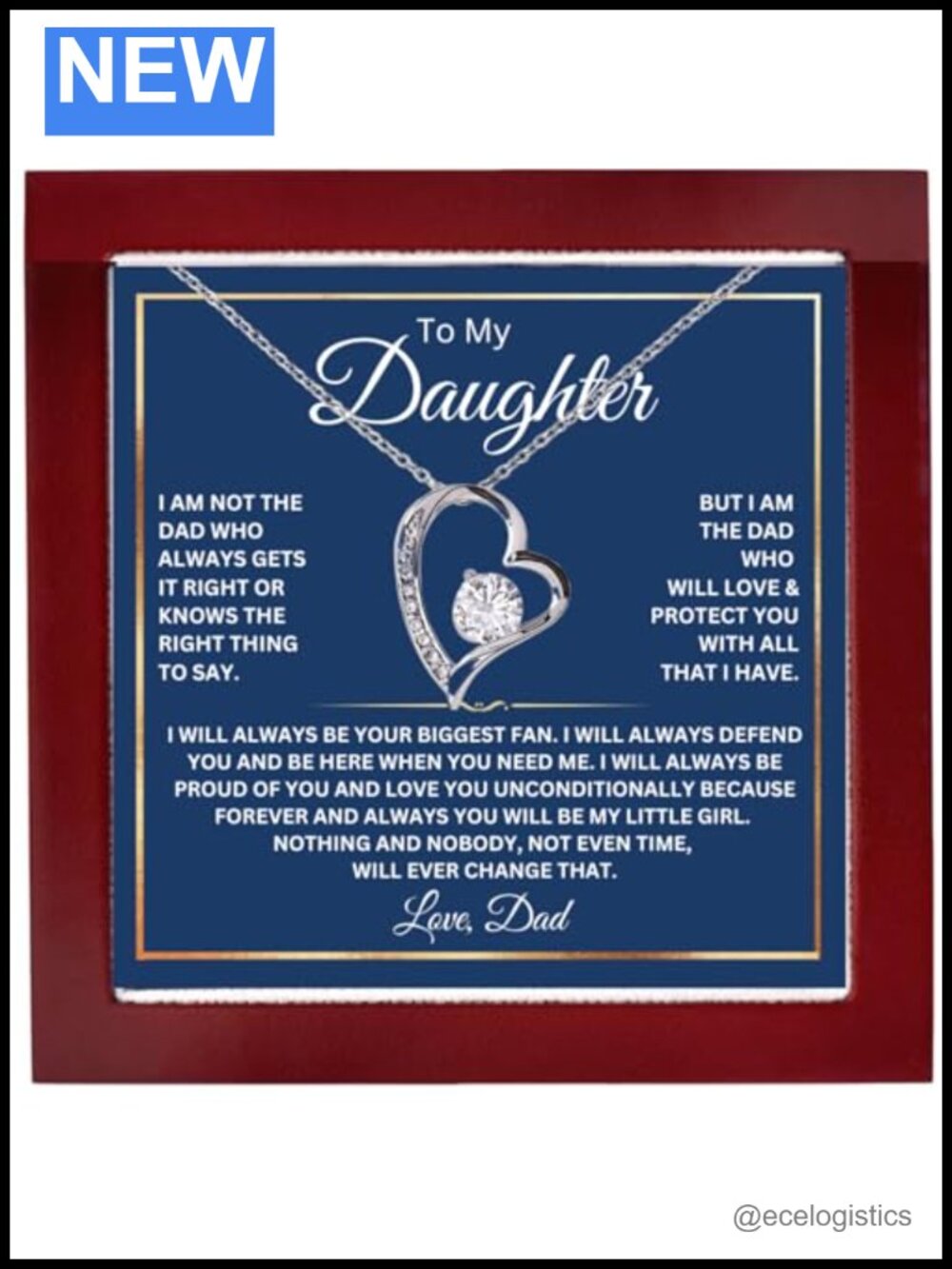 Daughter Heart Pendant Necklace Cubic Zirconia Stainless Steel 22" Graduation